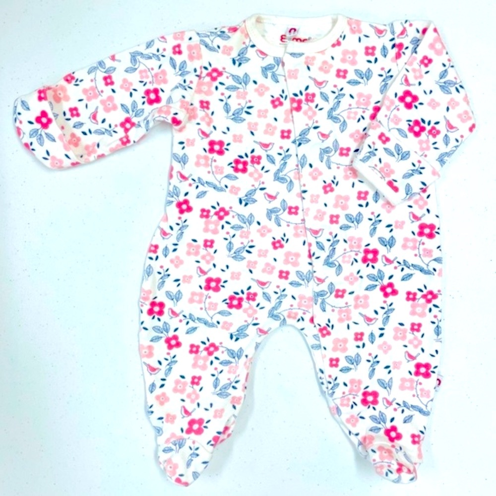 E=MC2 Footed Coverall Girls 0-3M Pink Flowers Birds Easy=Magnetic Close Sleeper - Picture 1 of 4